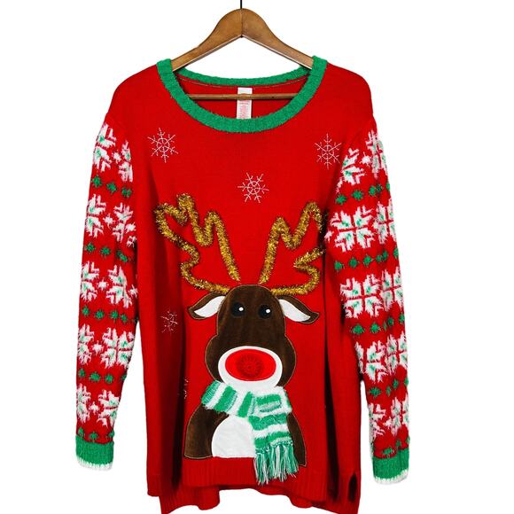 Holiday Time Christmas Sweater Rudolph Scoop Neck Red Party Ugly - 2X - Picture 1 of 5